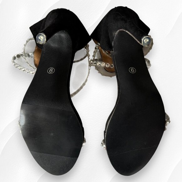 Sparkling NWOT Diamond Rhinestone Multi Stap Zipper Faux Suede Balck High Heels - Picture 5 of 9